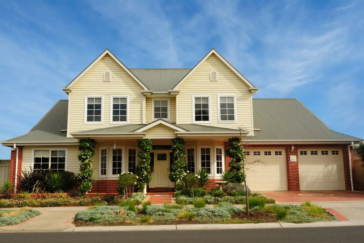 A house with a beautiful lawn and big white windows.